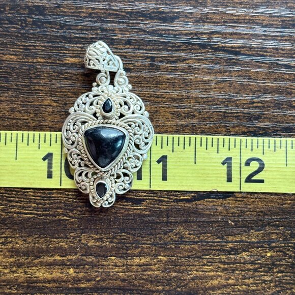 VTG Sterling Silver 925 Black Onyx Bezel Set Scroll Pendant Size 2" Length - Picture 8 of 9